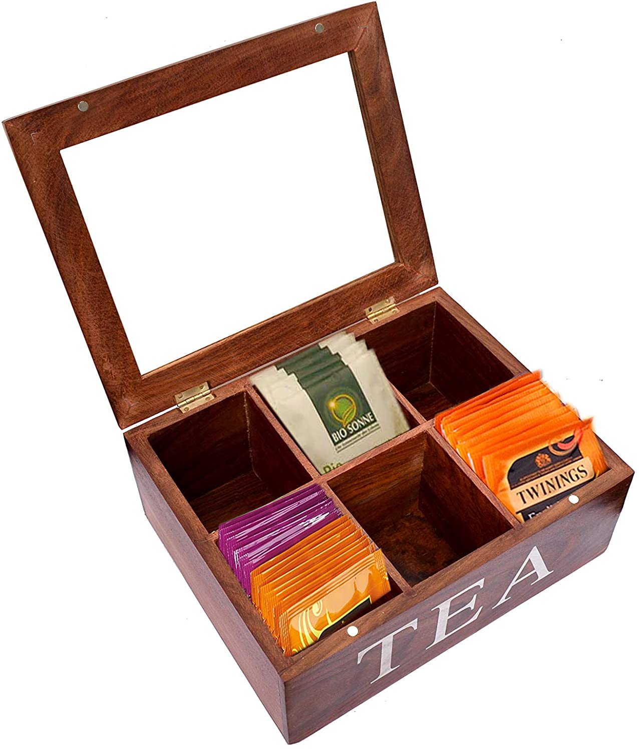 Wooden Tea Storage Chest Box with 6 Compartments and Transparent