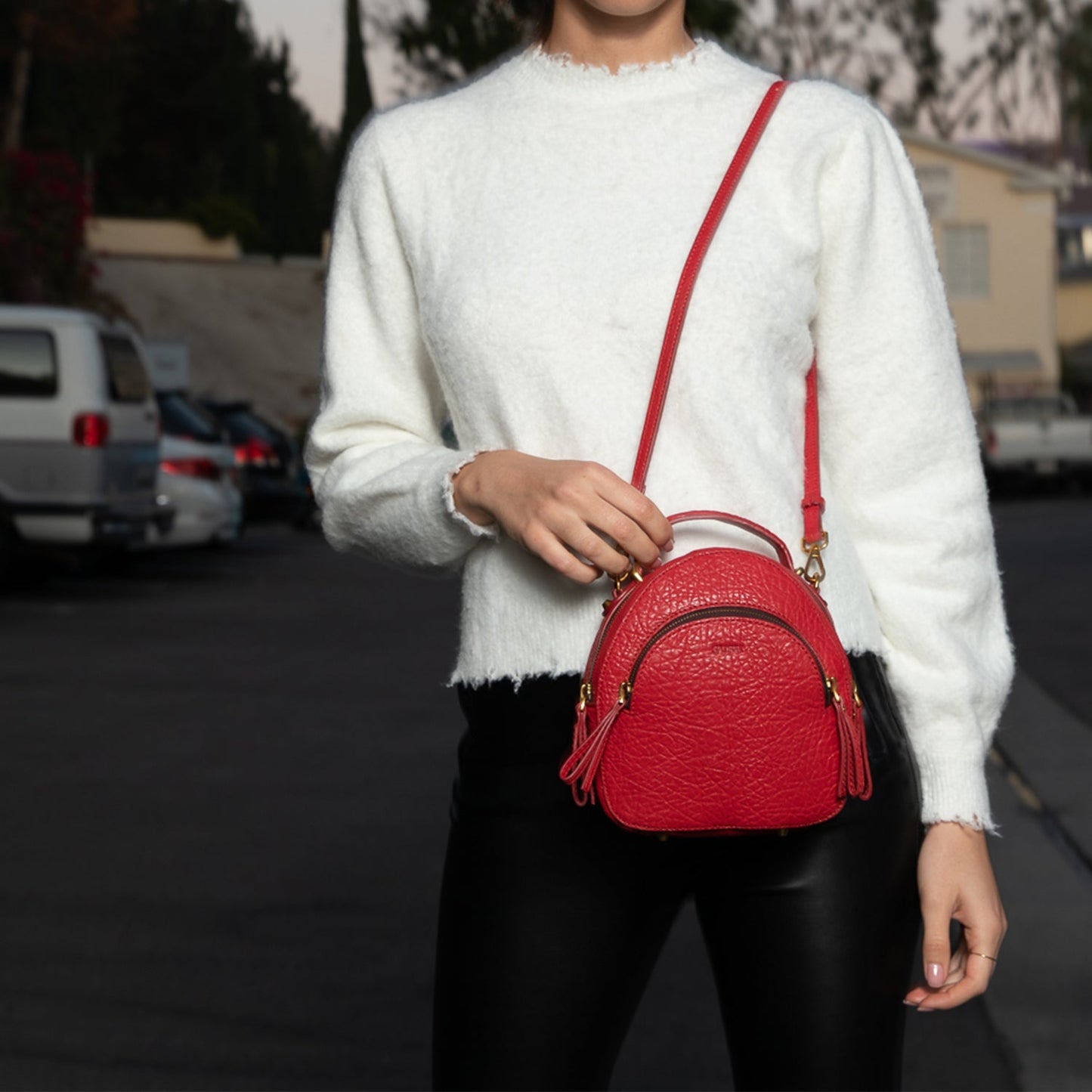 SUSU Small Red Leather Backpack Purse for Women Convertible Crossbody