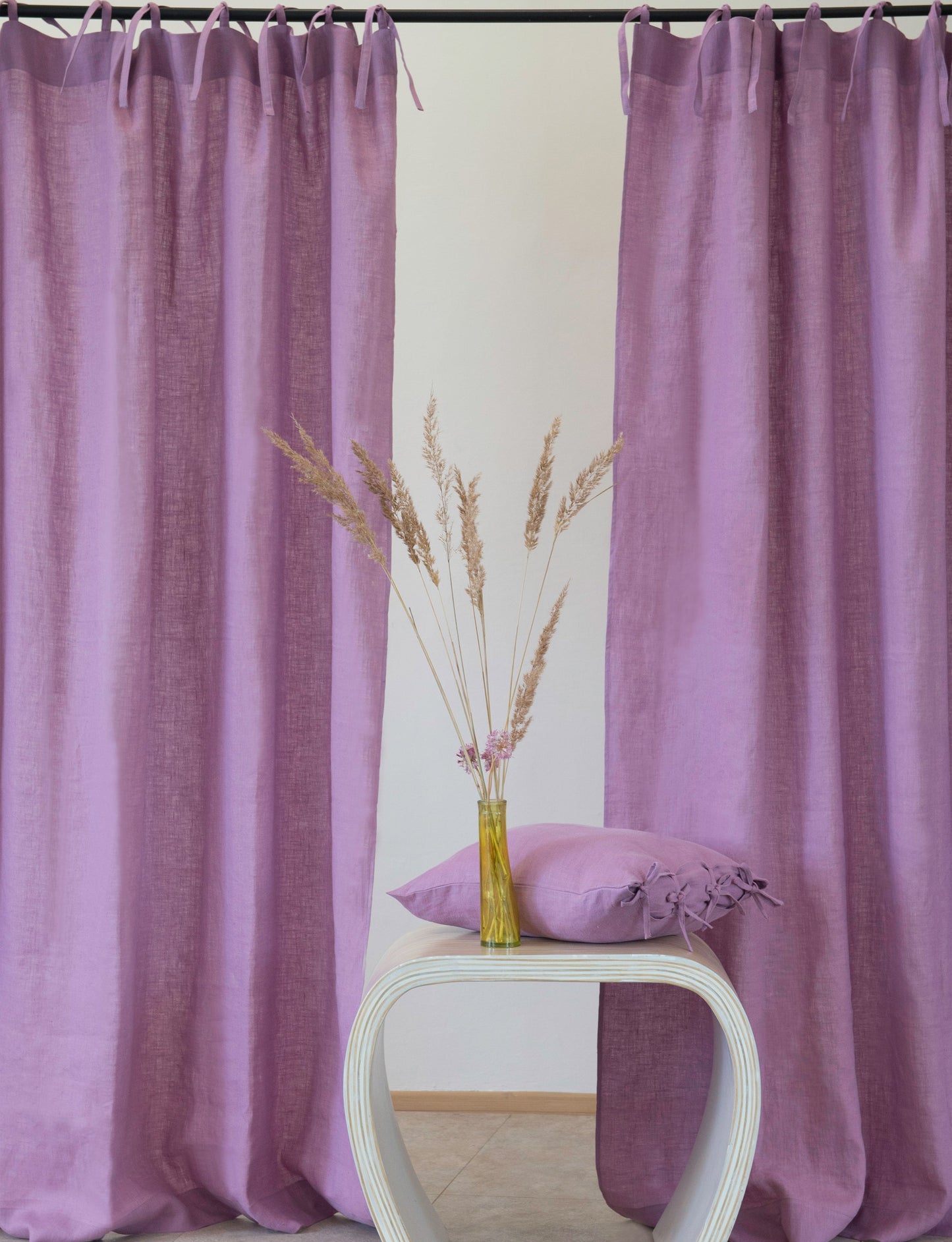 Deep Rose linen curtain with tie tops
