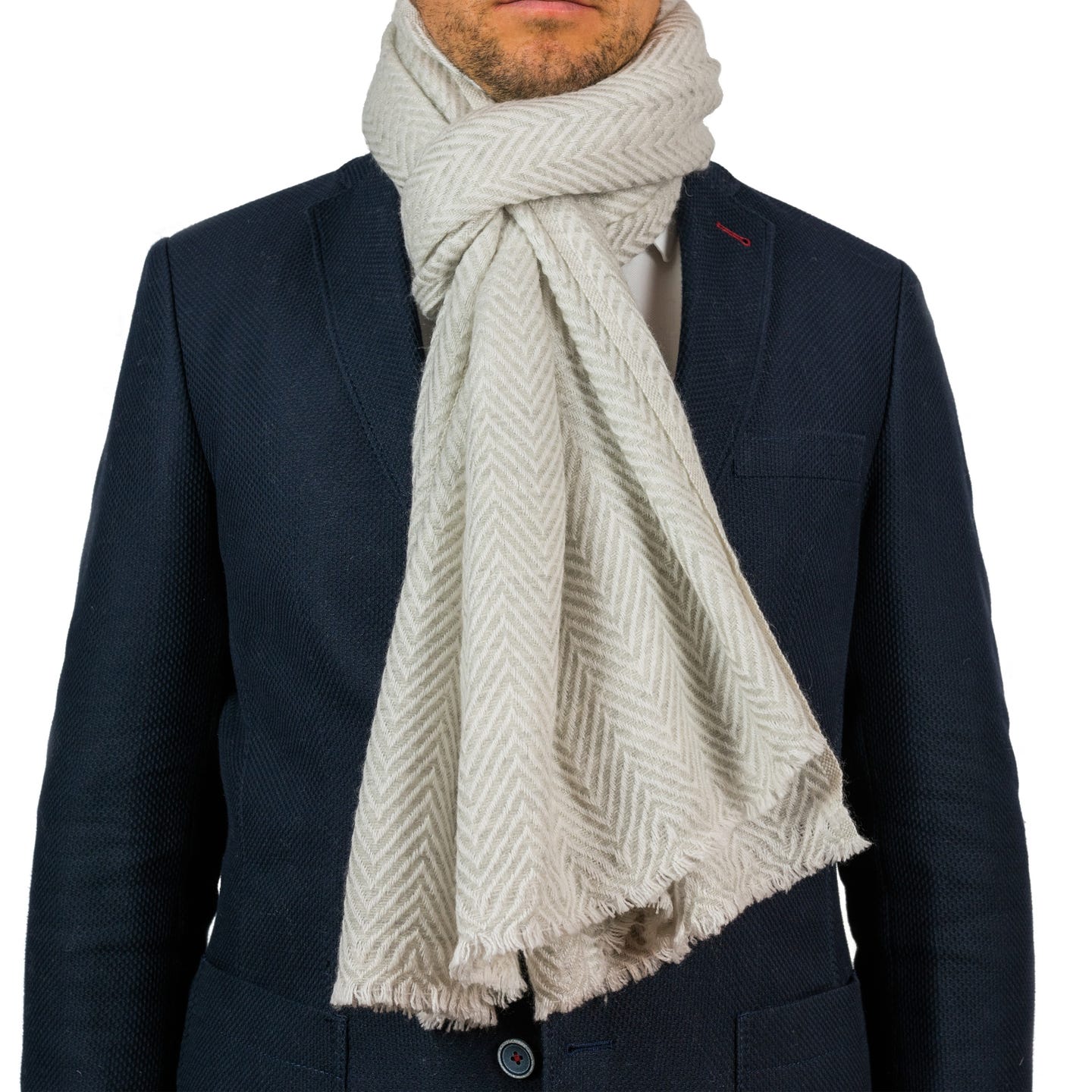 Kaschmirschal weiss mit mittelgroßem Fischgrätenmuster