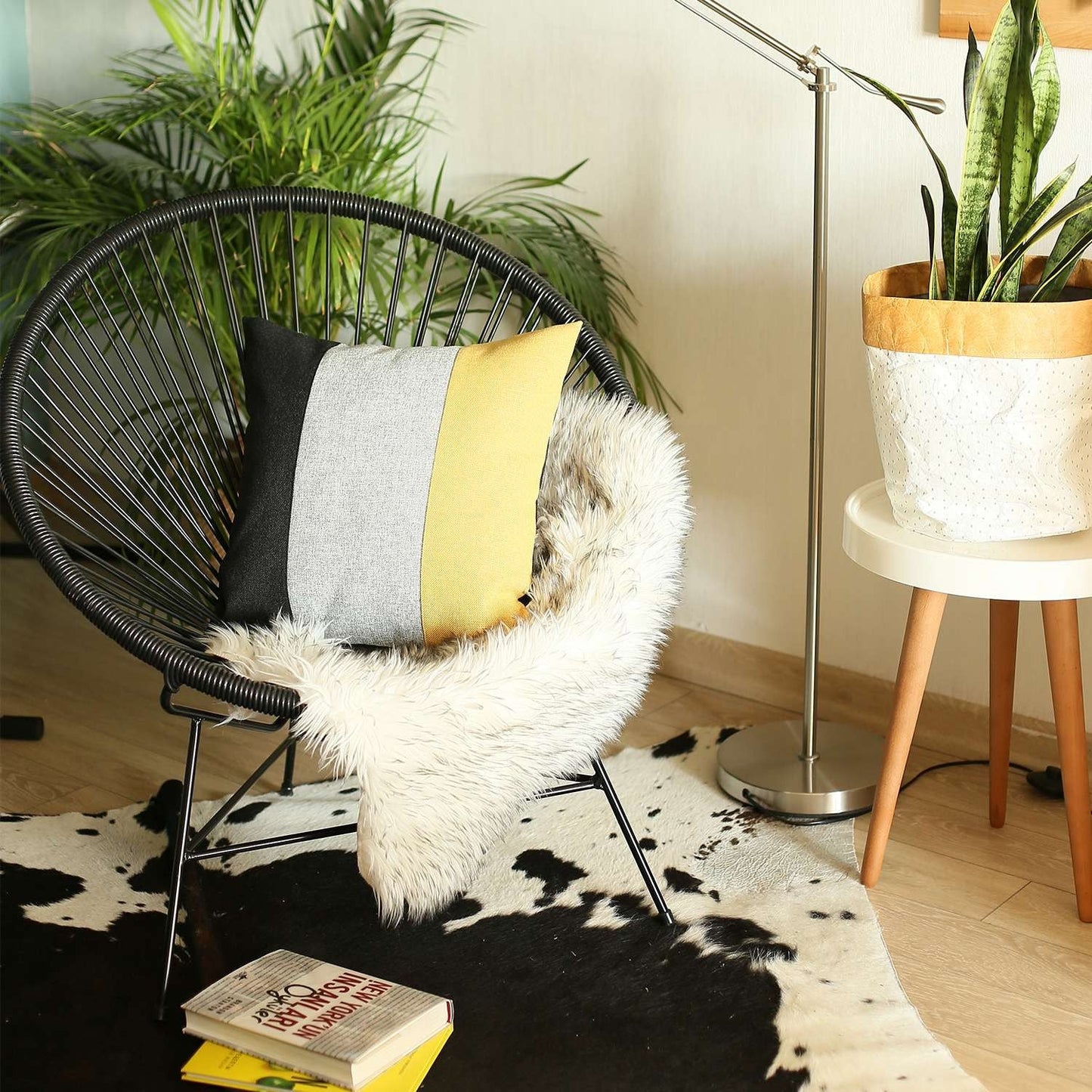 18" Black Gray And Yellow Fabric Throw Pillow