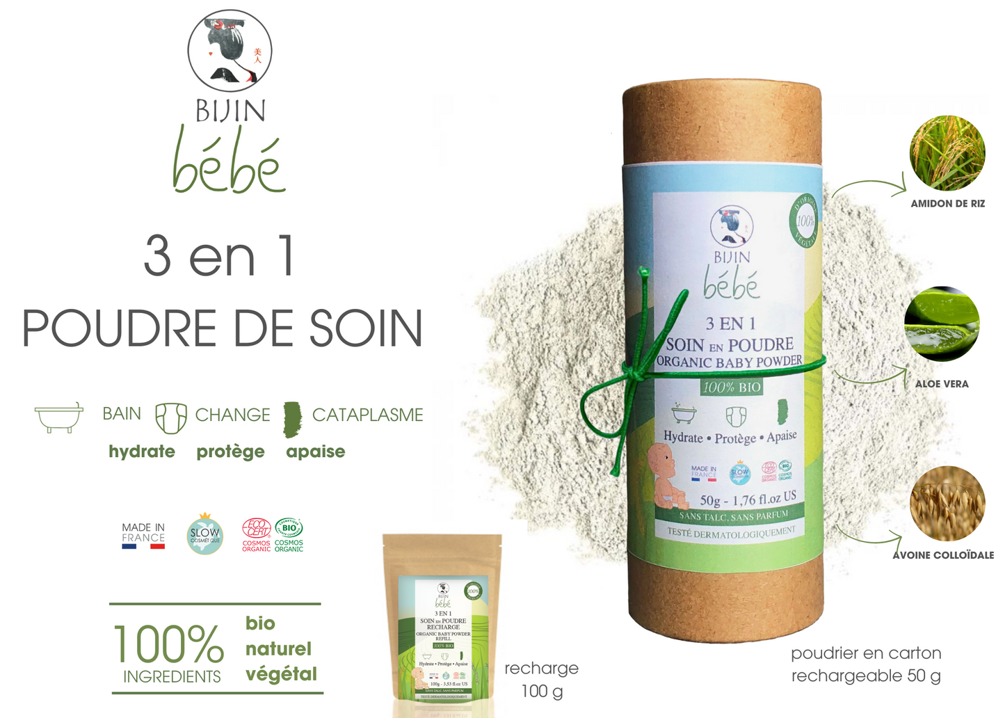 Poudre de soin bio 3 en 1 pour bébé