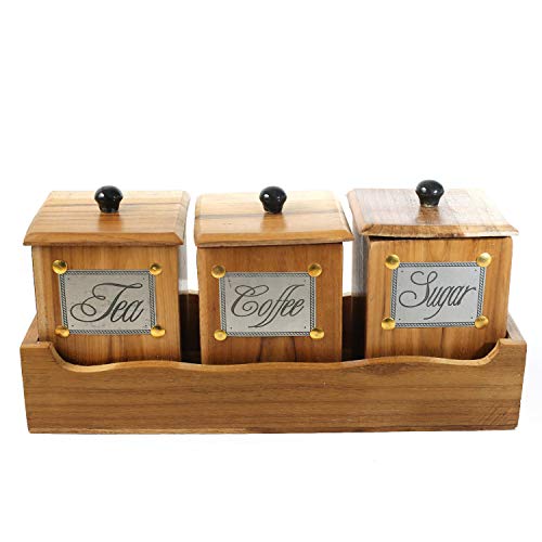Teak Wood Antique Look Tea Coffee Sugar 3 Container Set with Lids in
