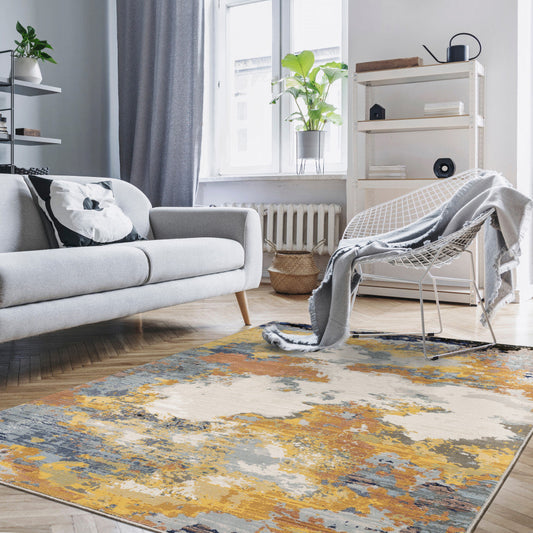 8' X 11' Yellow And Blue Abstract Area Rug