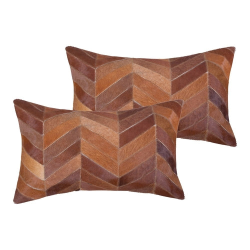 Set of Two 12" X 20" Tan Chevron Cowhide Lumbar Throw Pillows