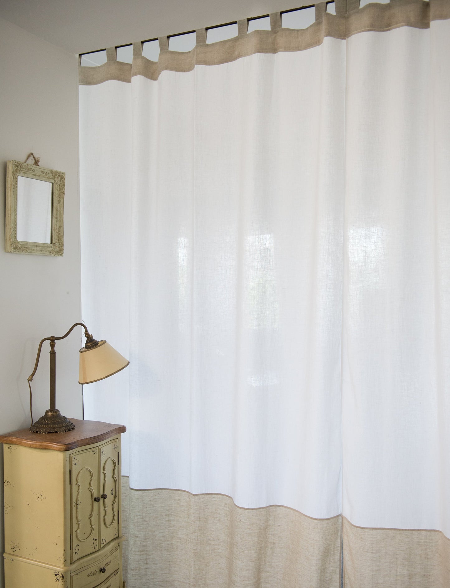 White and Natural Light linen curtains with tabs, two tones