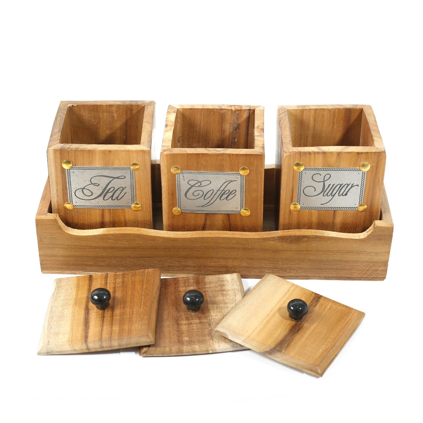 Teak Wood Antique Look Tea Coffee Sugar 3 Container Set with Lids in