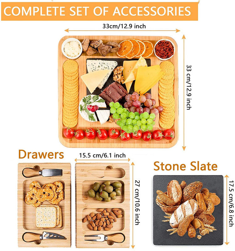 VIKUS Bamboo Cheese Board and Knife Set with Cutlery including Slate