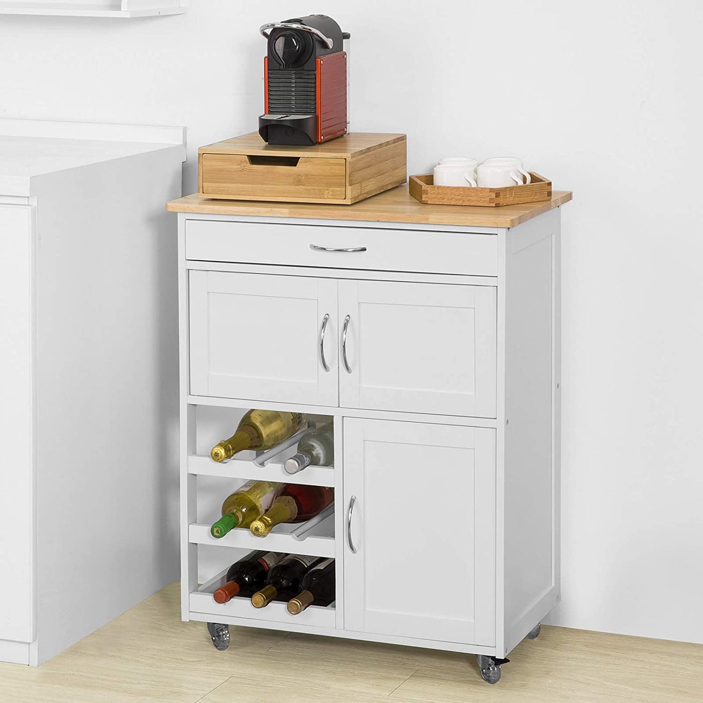 VIKUS Kitchen Trolley with Wine Racks, Portable Workbench and Serving