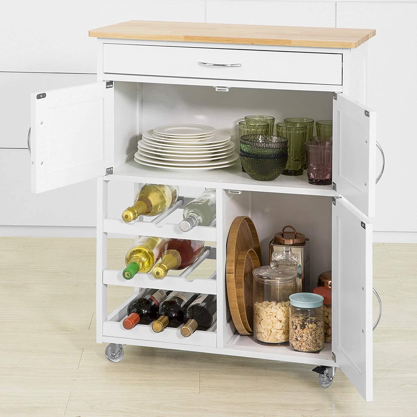 VIKUS Kitchen Trolley with Wine Racks, Portable Workbench and Serving