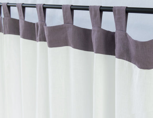 White and Pastel Plum linen curtains with tabs, two tones