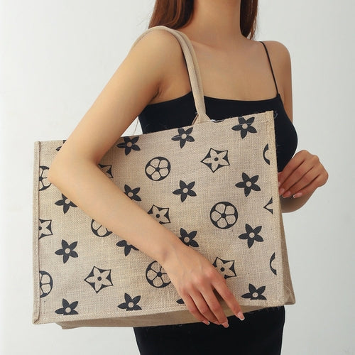 Patterned Natural Jute Tote Bag