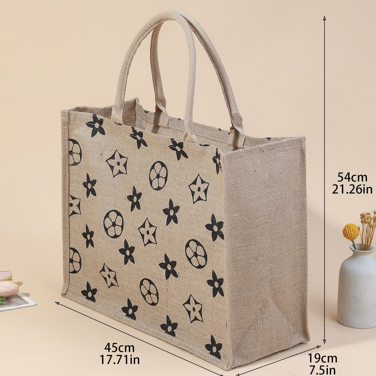 Patterned Natural Jute Tote Bag