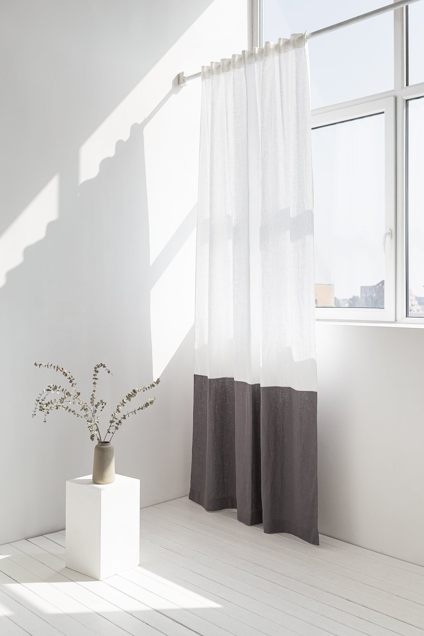 White and Pastel Plum linen curtains with tape, two tones