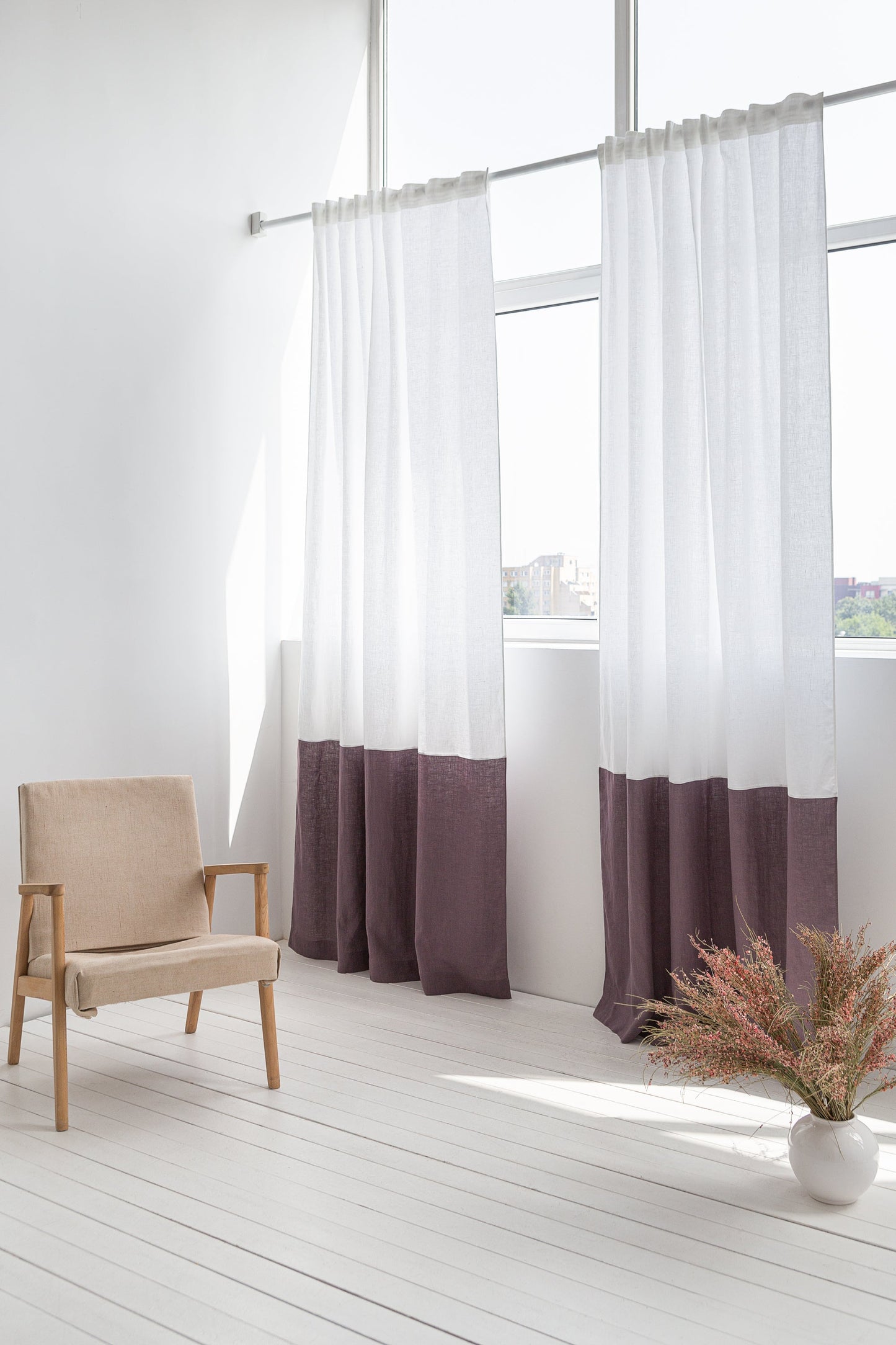 White and Pastel Plum linen curtains with tape, two tones