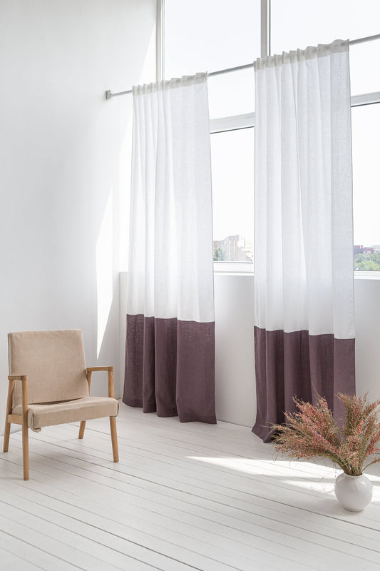 White and Pastel Plum linen curtains with tape, two tones