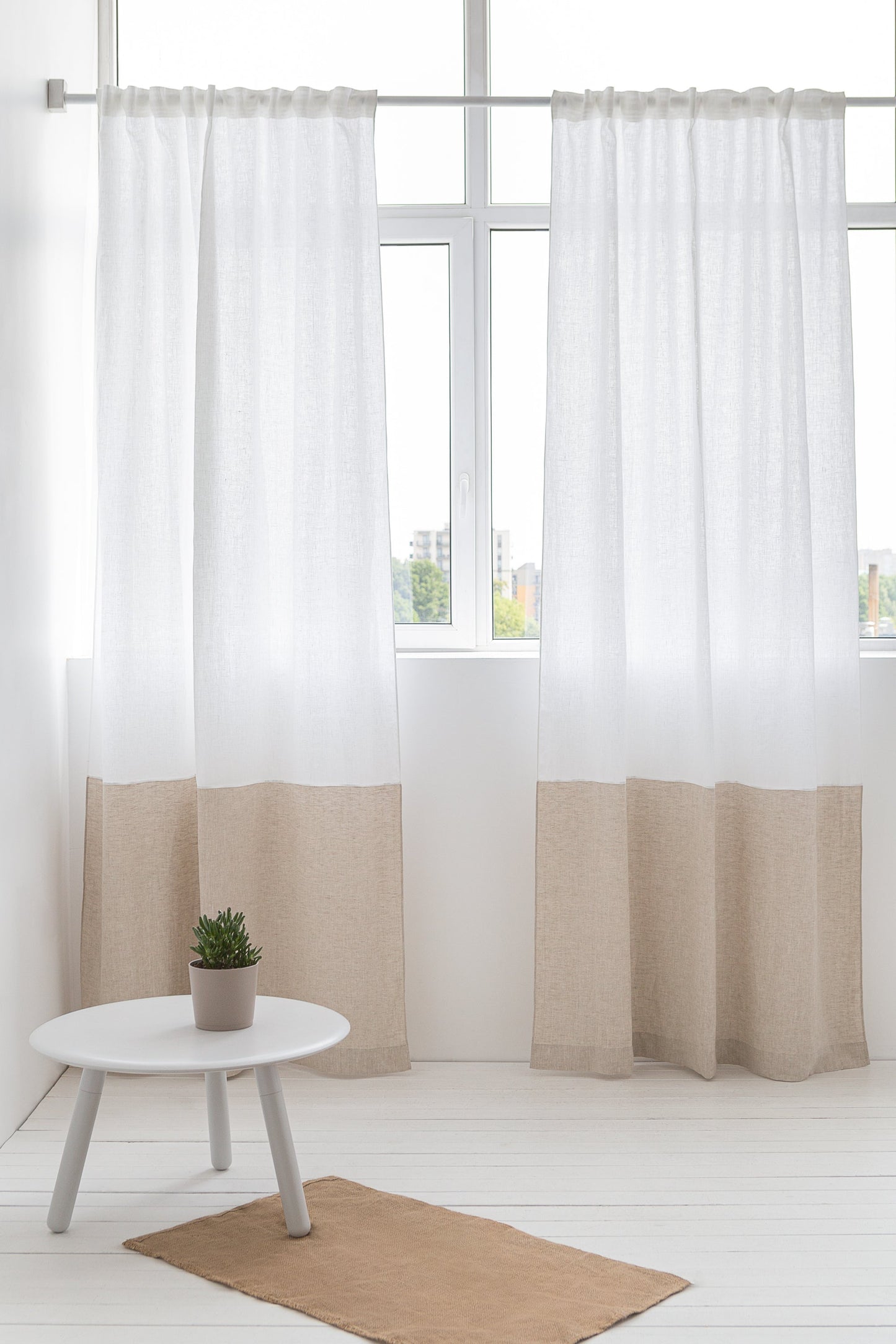 Snow White and Natural Light linen curtains with tape, two tones
