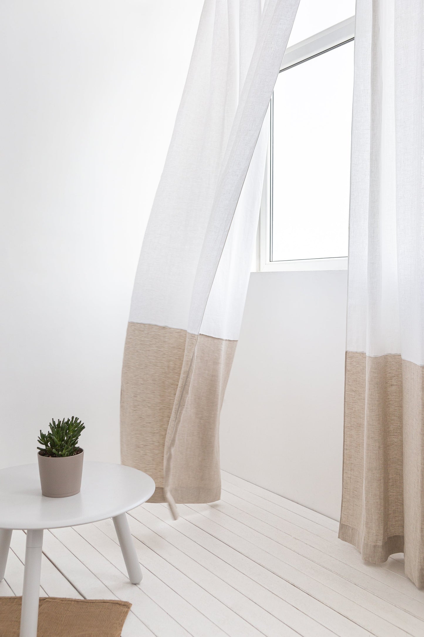 Snow White and Natural Light linen curtains with tape, two tones