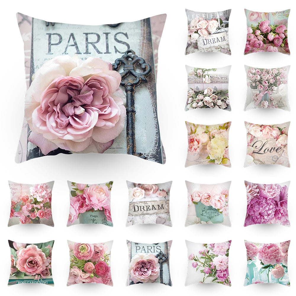 Colorful Flower Printed Cushion Cover Peach Skin