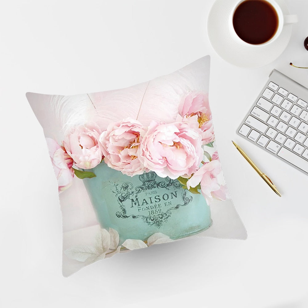 Colorful Flower Printed Cushion Cover Peach Skin