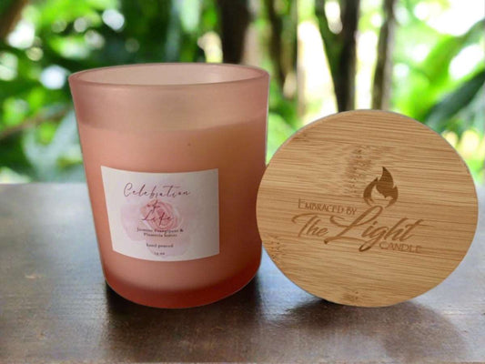Celebration of Life 14 oz Soy Candles in Frosted Container w/Bamboo