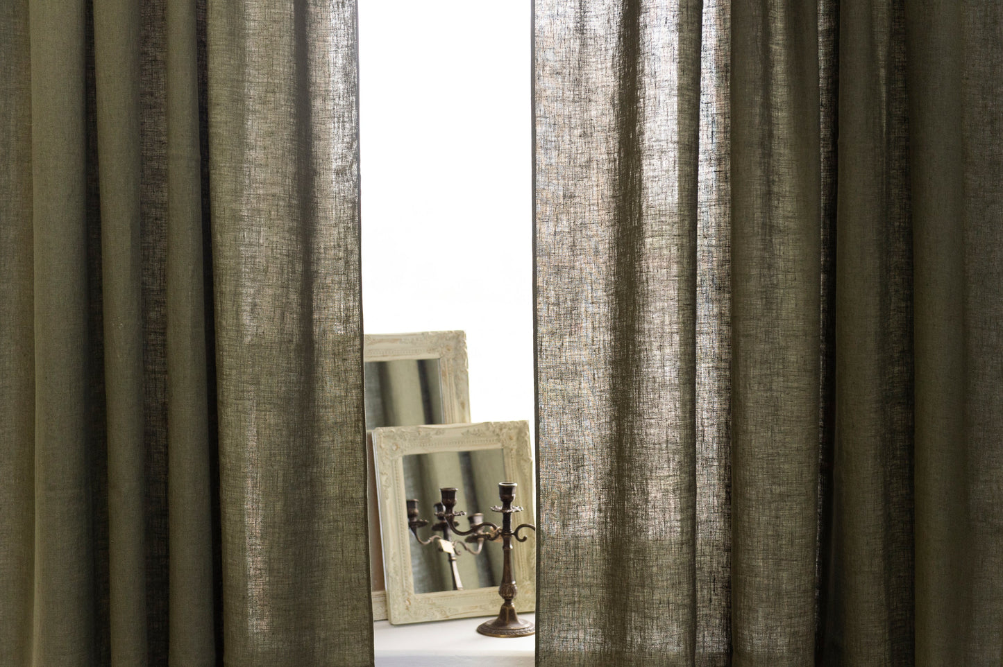 Moss Green linen curtain with rod pocket