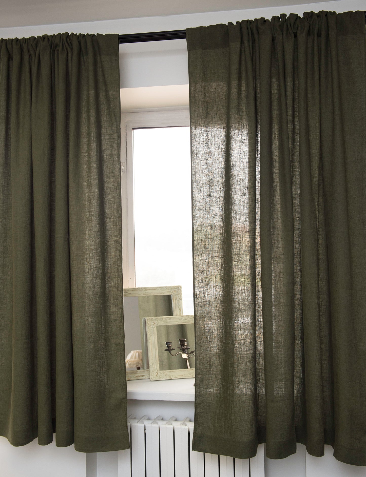 Moss Green linen curtain with rod pocket