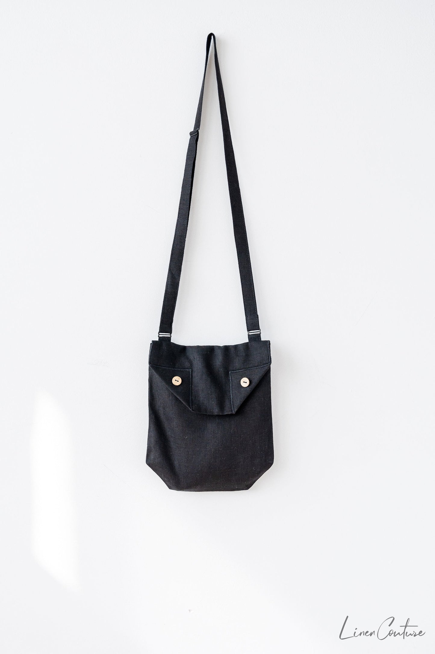 Black Linen Shoulder Bag with Coconut Buttons and Adjustable Strap