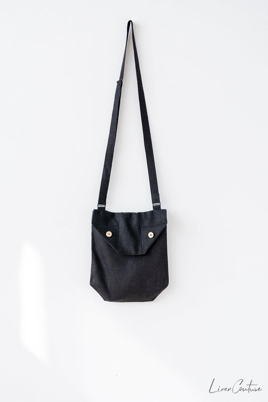 Black Linen Shoulder Bag with Coconut Buttons and Adjustable Strap