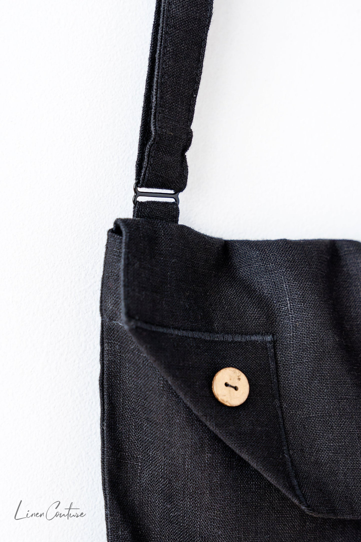 Black Linen Shoulder Bag with Coconut Buttons and Adjustable Strap