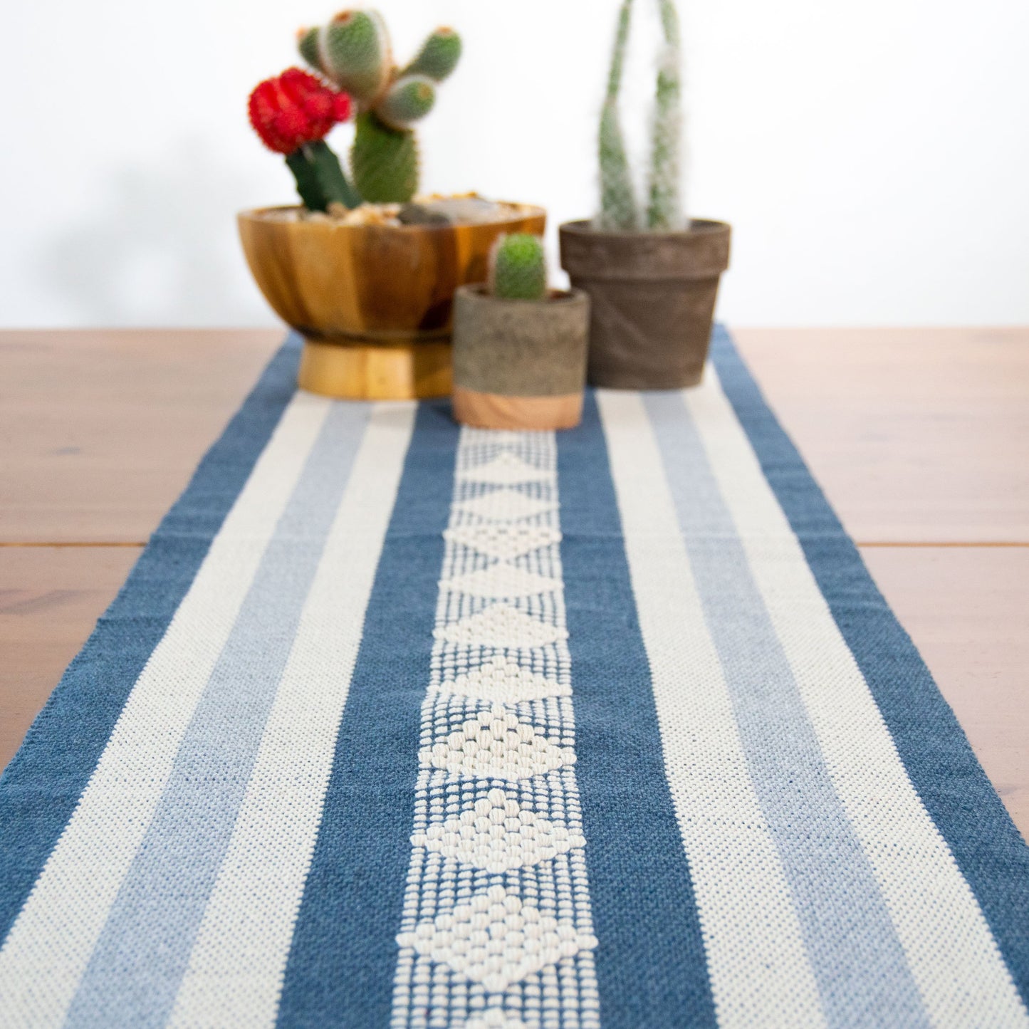 Jalieza Geometric Woven Table Runner. Diamond Design in Blue