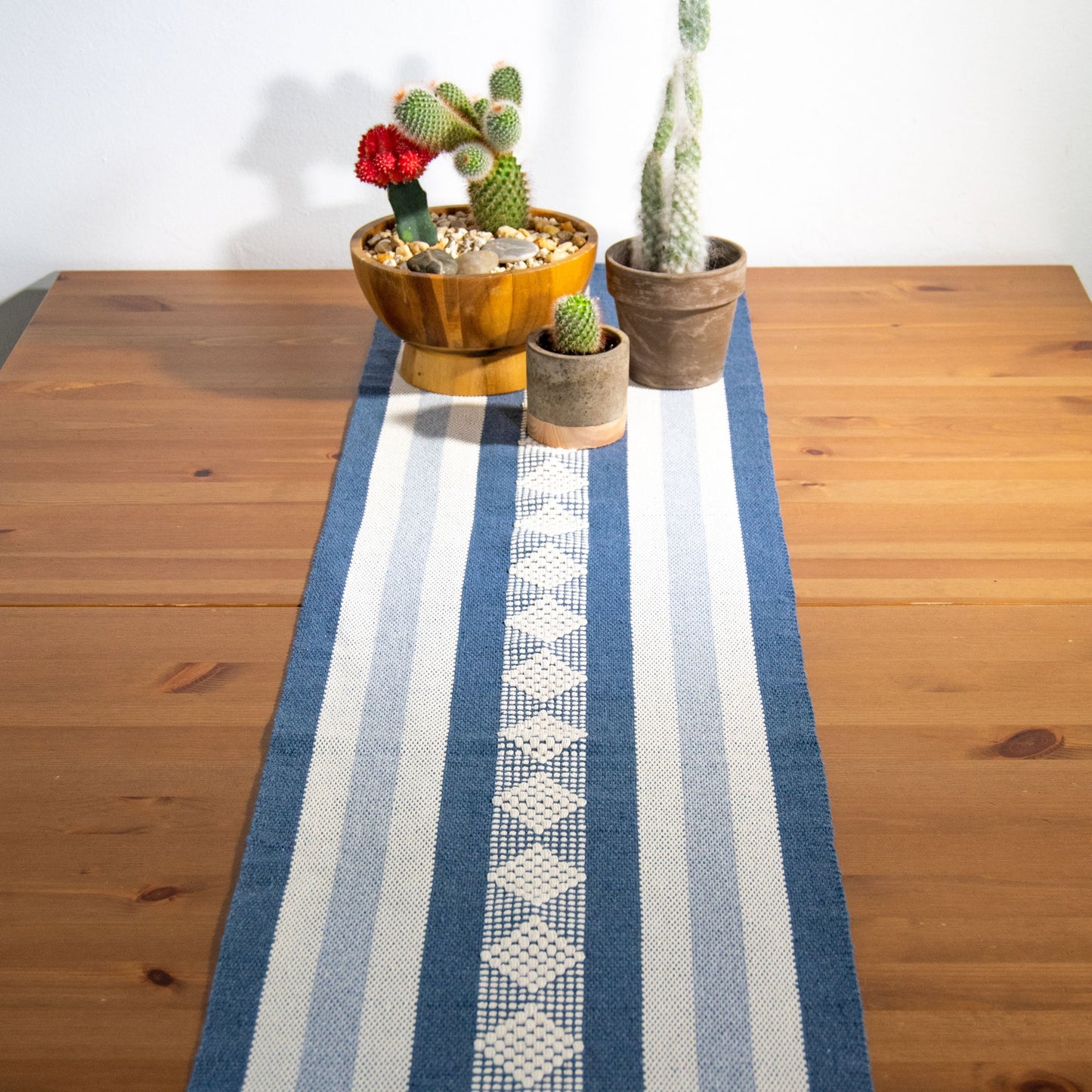 Jalieza Geometric Woven Table Runner. Diamond Design in Blue