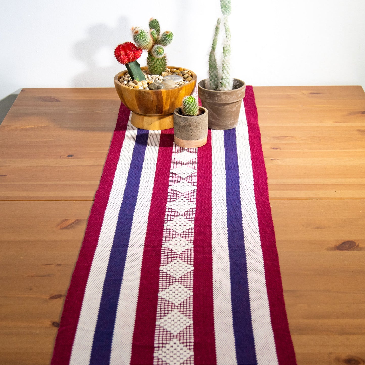 Jalieza Geometric Woven Table Runner. Diamond Design in Blue