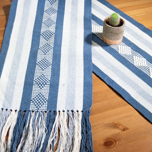 Jalieza Geometric Woven Table Runner. Diamond Design in Blue