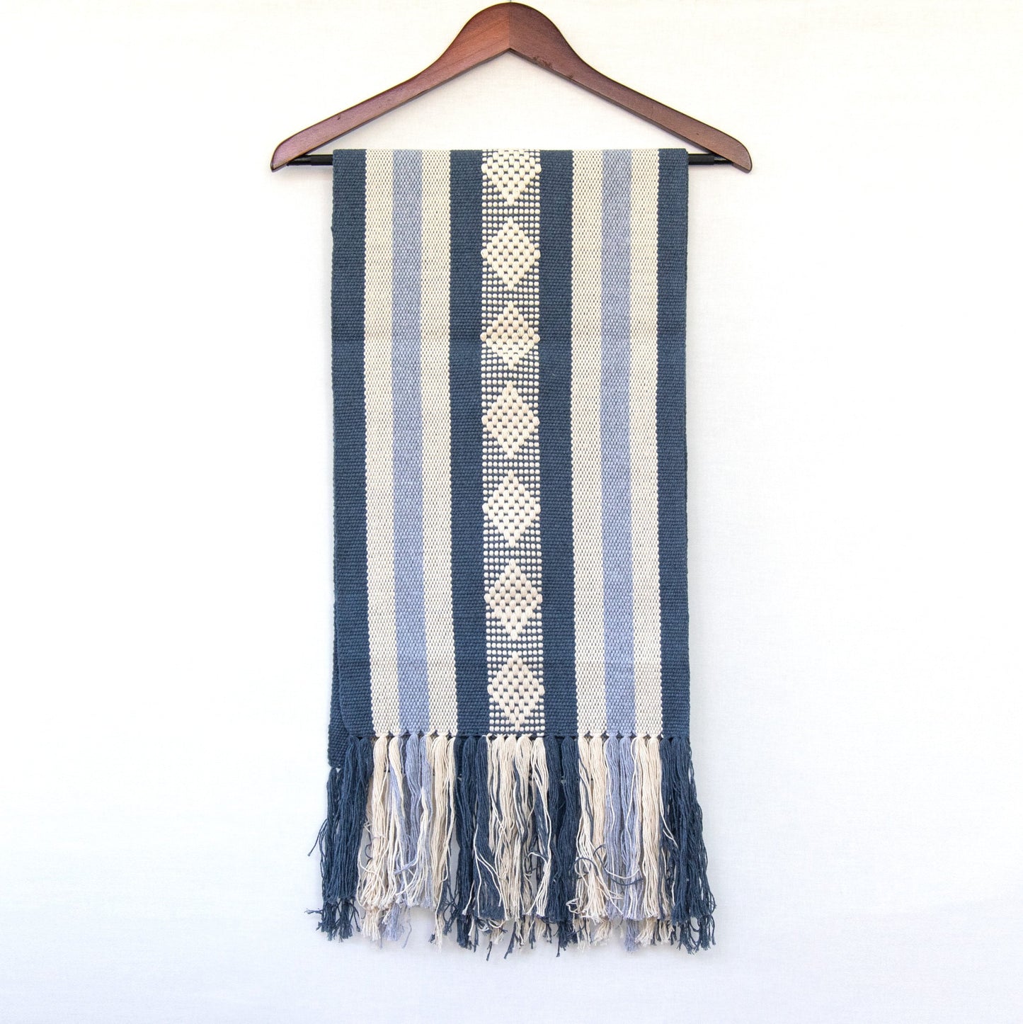 Jalieza Geometric Woven Table Runner. Diamond Design in Blue