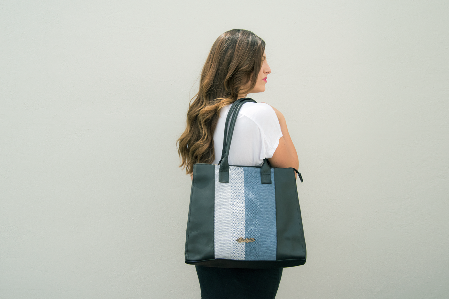 Black Leather Tote Bag with Blue Stripe