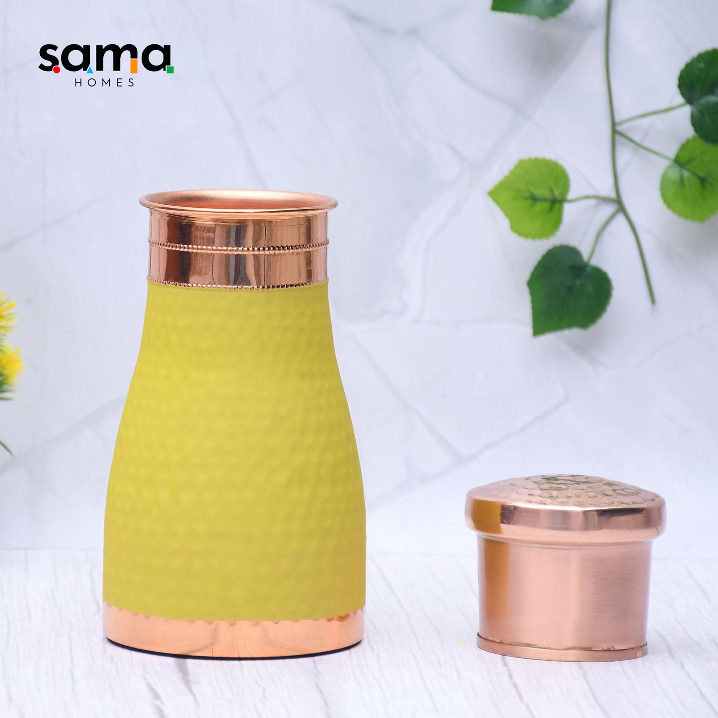 Pure Copper Silk Yellow Bedside Jar with Inbuilt Glass Capacity 1000ML