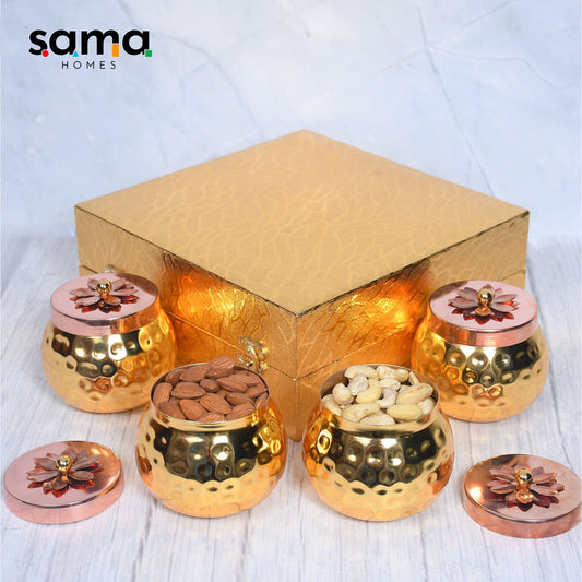 Exclusive Golden Hammered Dry-Fruit Pot with Gifting Box Set of 4