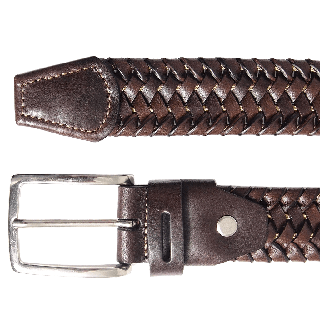 34 mm Leather Elastic Weave Belt Brown