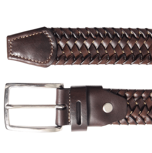 34 mm Leather Elastic Weave Belt Brown
