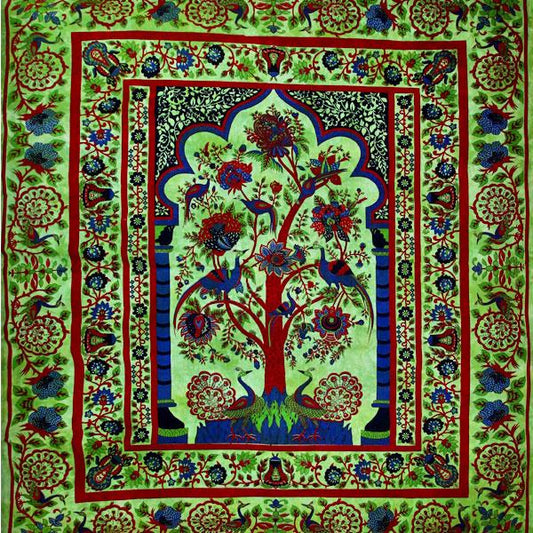 Green Tree of Life Peacock Tapestry