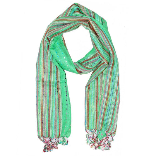 Green Cotton Lurex Shimmering Stripes Scarf