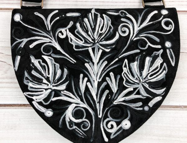 Handmade Black and White Suede Embroidered Heart Shaped Bag