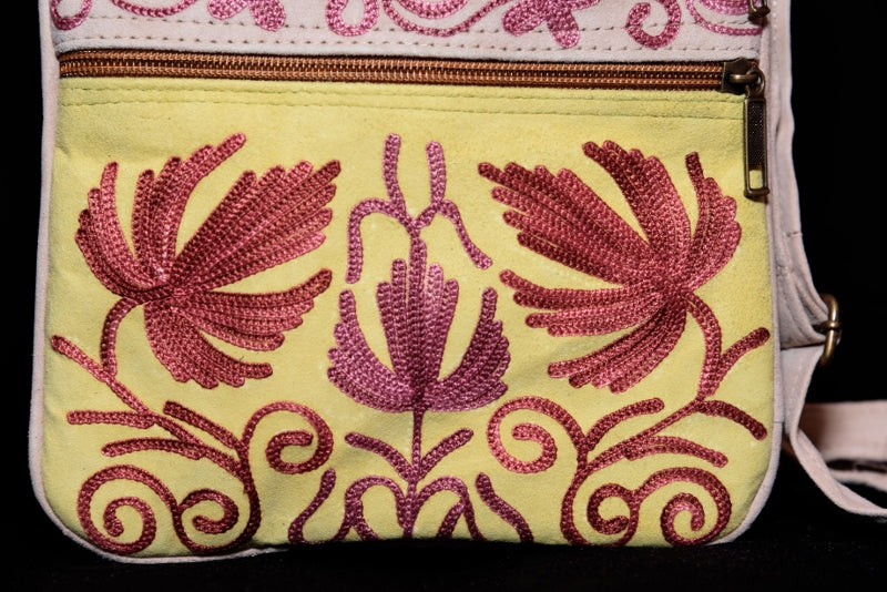 Suede Embroidered Five Zipper Cross-Body Bag