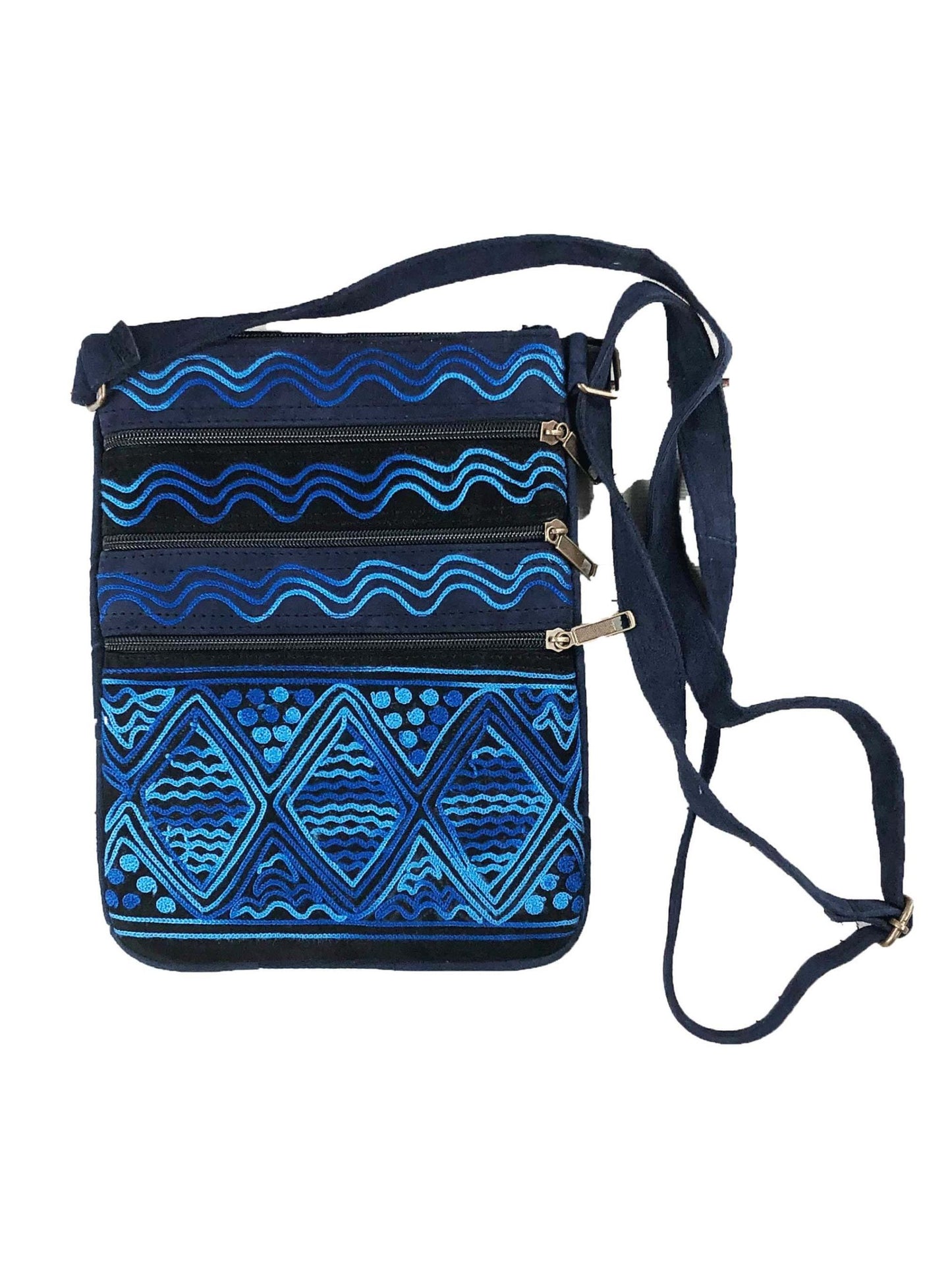 Handmade Black and Blue Suede Cross Body Bag