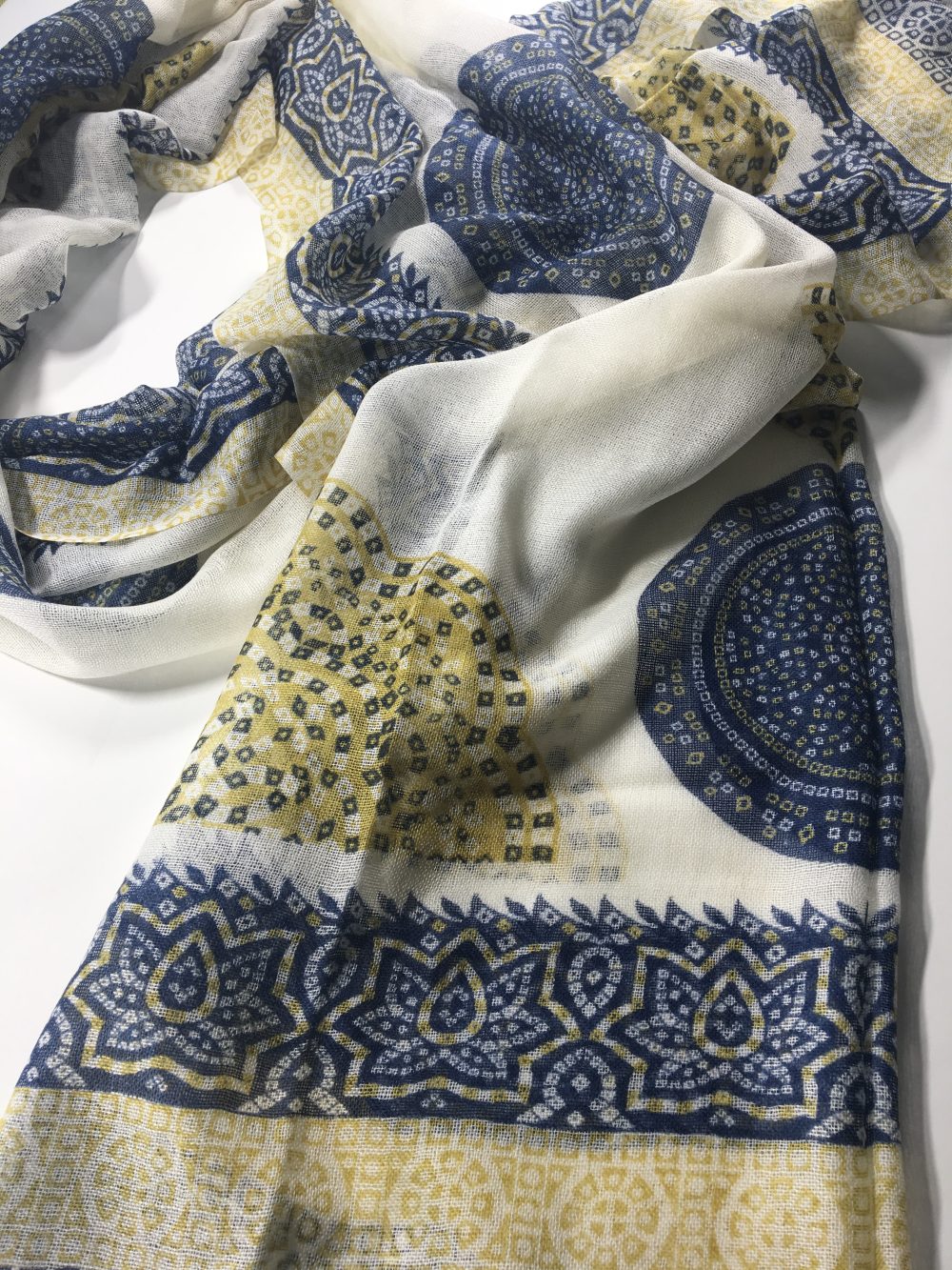 Yellow and Blue Hand Painted Wool And Silk Blend Scarf