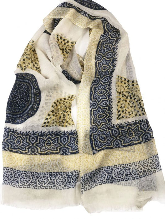 Yellow and Blue Hand Painted Wool And Silk Blend Scarf