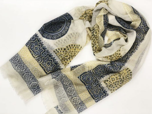 Yellow and Blue Hand Painted Wool And Silk Blend Scarf