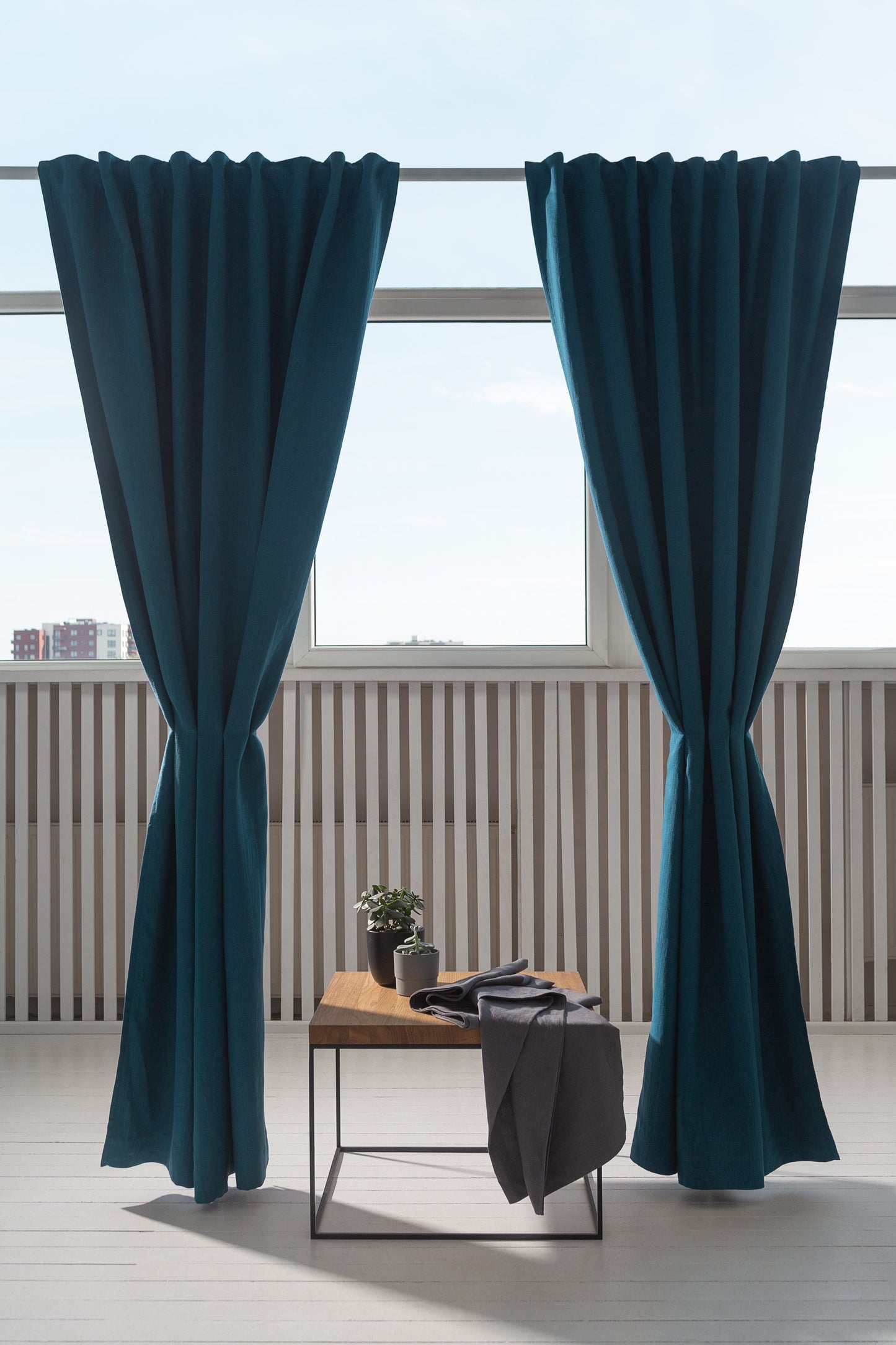 Dark Sea Blue linen curtain with blackout, tape