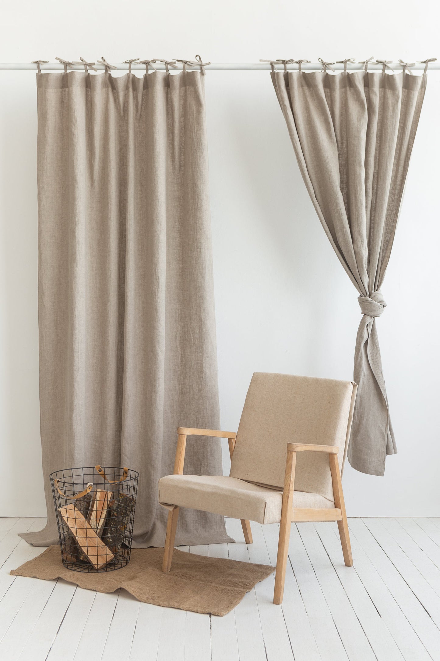 Natural linen curtain with tie top